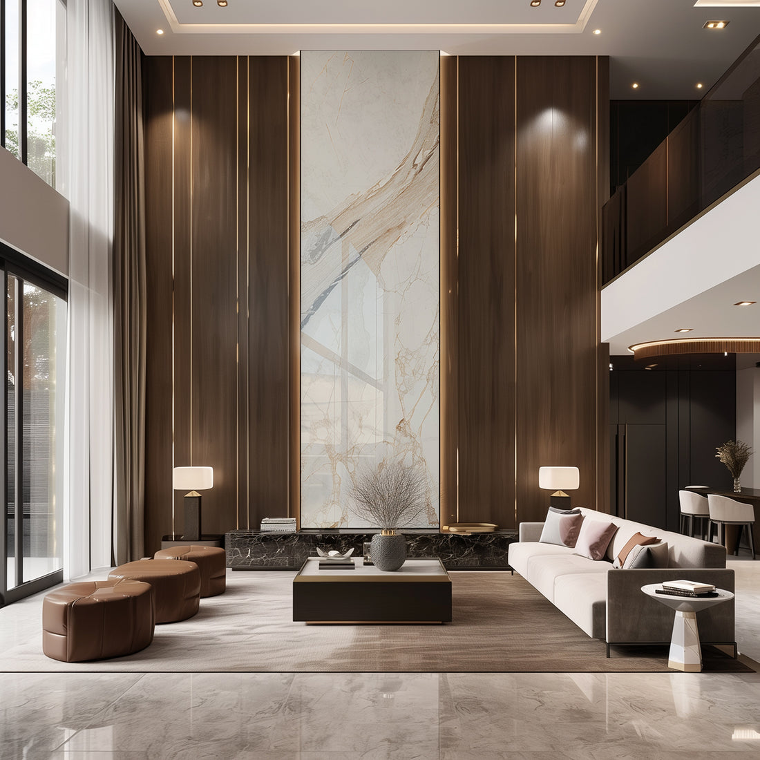How to Enhance a Two-Story Fireplace Wall with Marble Panels