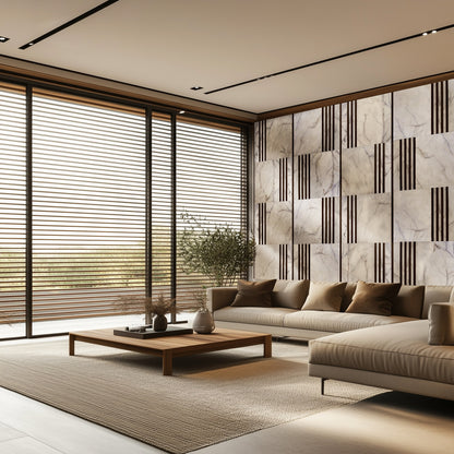 Módulos de Painéis com Efeito Mármore e Ripas de Madeira