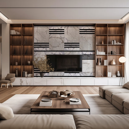 Módulos de Painéis com Efeito Mármore e Ripas de Madeira